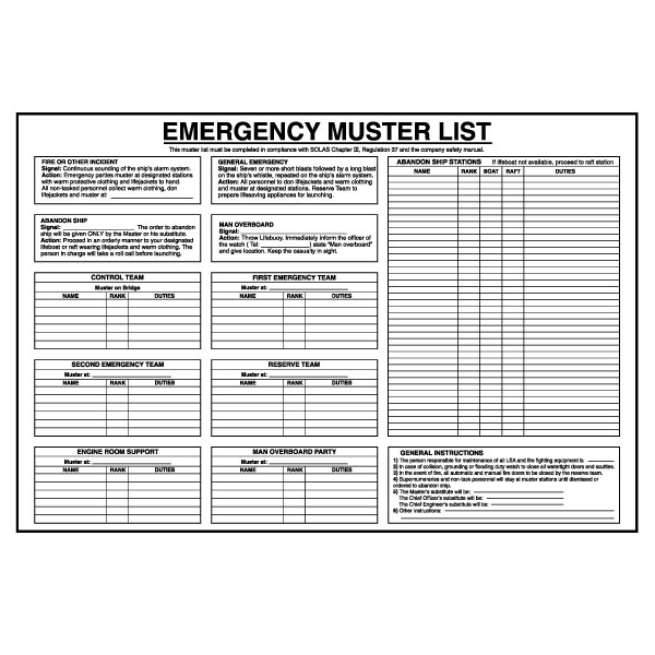 Emergency muster list IMO skylt - Självhäftande vinyl 420 x 297 mm