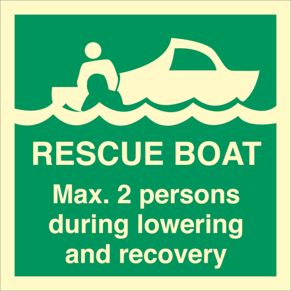 IMO sign - Rescue boat Max 2 persons during lowering and recovery 