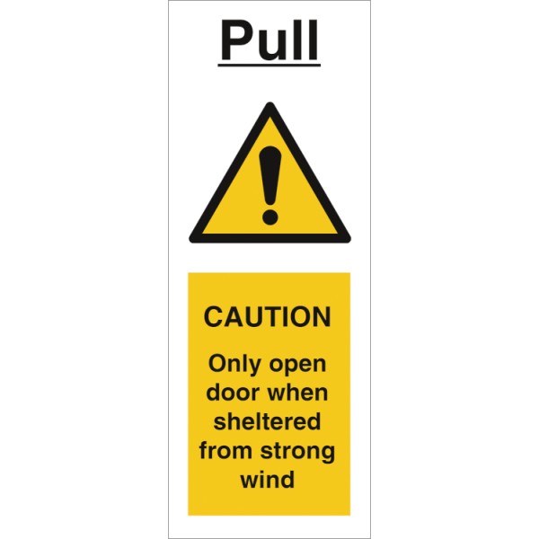 Hazard & Warning sign - Pull- Caution Only open door when sheltered from strong wind 