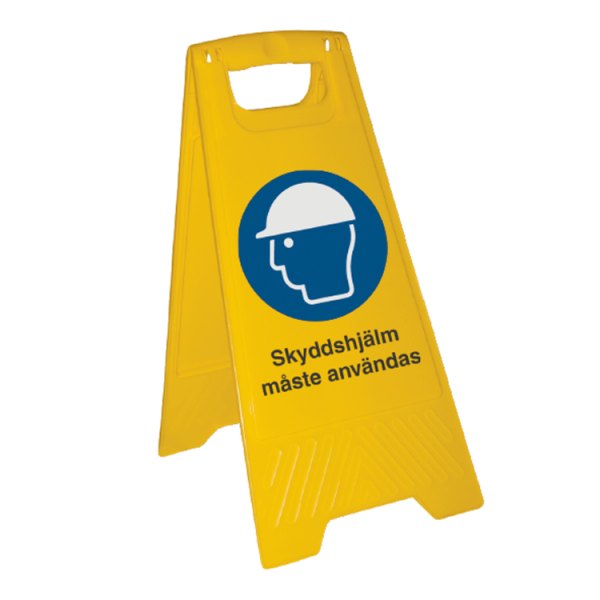 Golvskylt Skyddshjälm måste användas valfri text - Plast 600 x 300 mm 