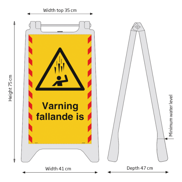 Fristående utomhusskylt Varning fallande is – reflekterande plast 750 x 410 mm