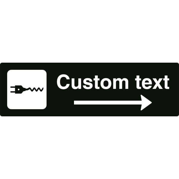 Elbilsparkeringsskylt – svart hänvisningsskylt med höger pil och valfri text, 150 x 500 mm, 3 mm alu-sandwich