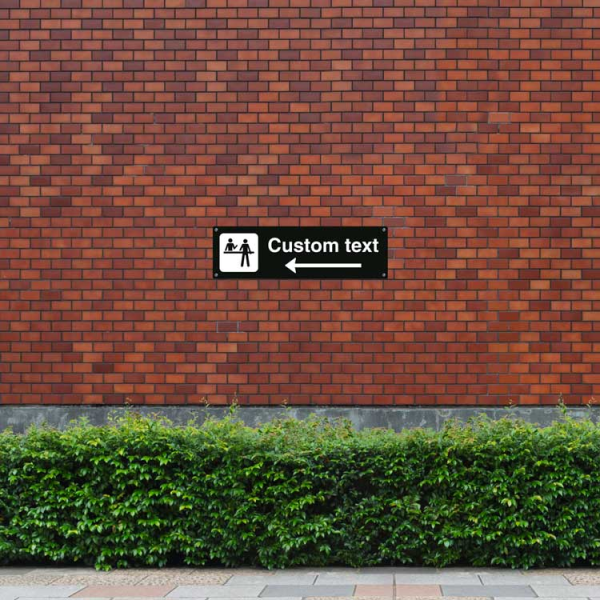 Receptionsskylt – svart hänvisningsskylt med vänster pil och valfri text, 150 x 500 mm 3 mm alu-sandwich