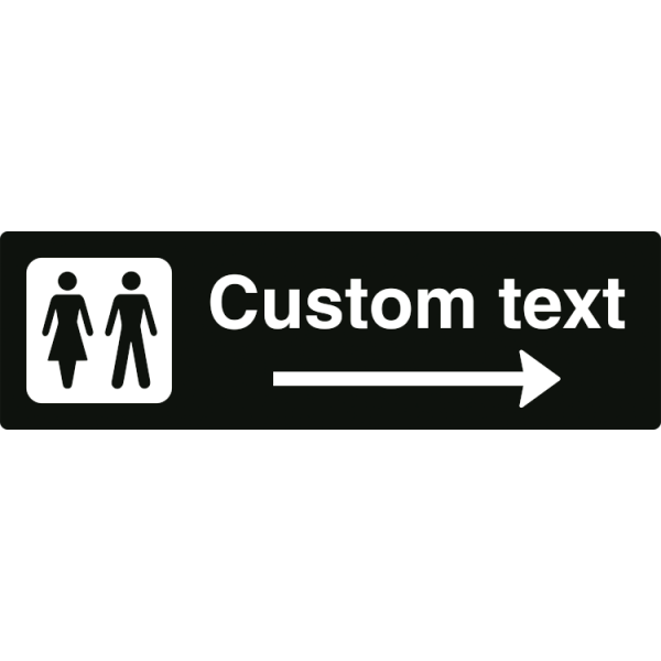 WC-skylt – svart hänvisningsskylt med högerpil och valfri text, 150 x 500 mm, 3 mm alu-sandwich