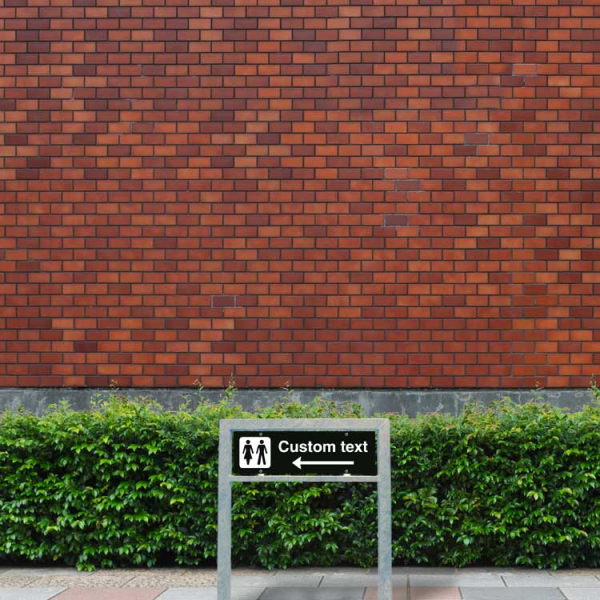 WC-skylt – svart hänvisningsskylt med vänsterpil och valfri text, 150 x 500 mm 3 mm alu-sandwich