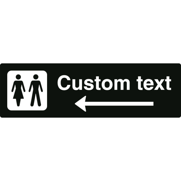 WC-skylt – svart hänvisningsskylt med vänsterpil och valfri text, 150 x 500 mm 3 mm alu-sandwich