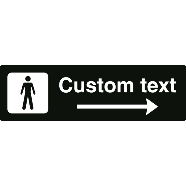 Herr-WC-skylt – svart hänvisningsskylt med höger pil och valfri text, 150 x 500 mm 3 mm alu-sandwich