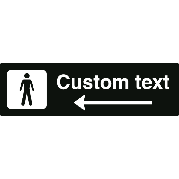 Herr-WC-skylt – svart hänvisningsskylt med vänster pil och valfri text, 150 x 500 mm 3 mm alu-sandwich