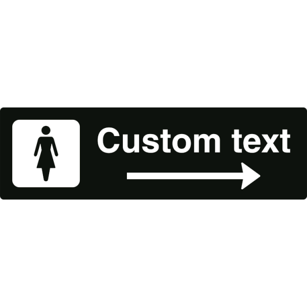 Dam-WC-skylt – svart hänvisningsskylt med högerpil och valfri text, 150 x 500 mm 3 mm alu-sandwich