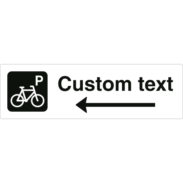 Cykelparkeringsskylt – vit hänvisningsskylt med vänsterpil och valfri text, 150 x 500 mm 3 mm alu-sandwich