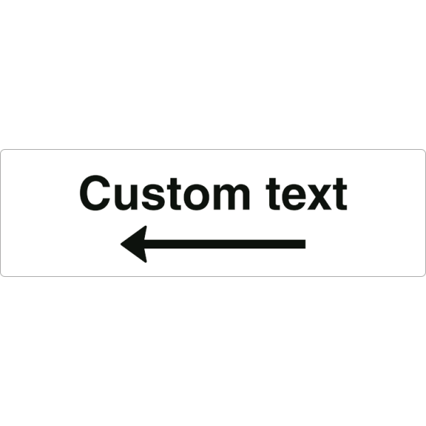 Hänvisningsskylt – vit hänvisningsskylt med vänsterpil och valfri text, 150 x 500 mm, 3 mm alu-sandwich
