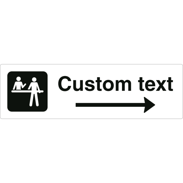 Receptionsskylt – vit hänvisningsskylt med pil åt höger och valfri text, 150 x 500 mm 3 mm alu-sandwich