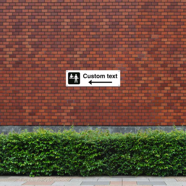 Receptionsskylt – vit hänvisningsskylt med vänsterpil och valfri text, 150 x 500 mm 3 mm alu-sandwich
