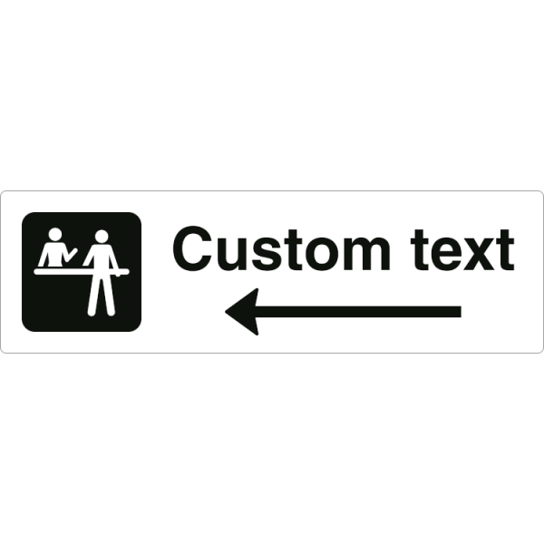 Receptionsskylt – vit hänvisningsskylt med vänsterpil och valfri text, 150 x 500 mm 3 mm alu-sandwich