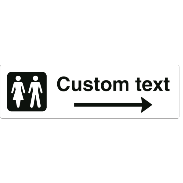 WC-skylt – vit hänvisningsskylt med pil åt höger och valfri text, 150 x 500 mm 3 mm alu-sandwich