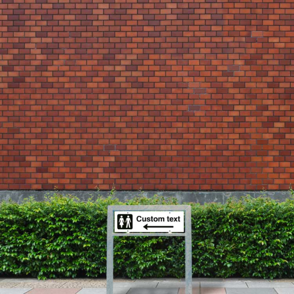 WC-skylt – vit hänvisningsskylt med vänster pil och valfri text, 150 x 500 mm 3 mm alu-sandwich