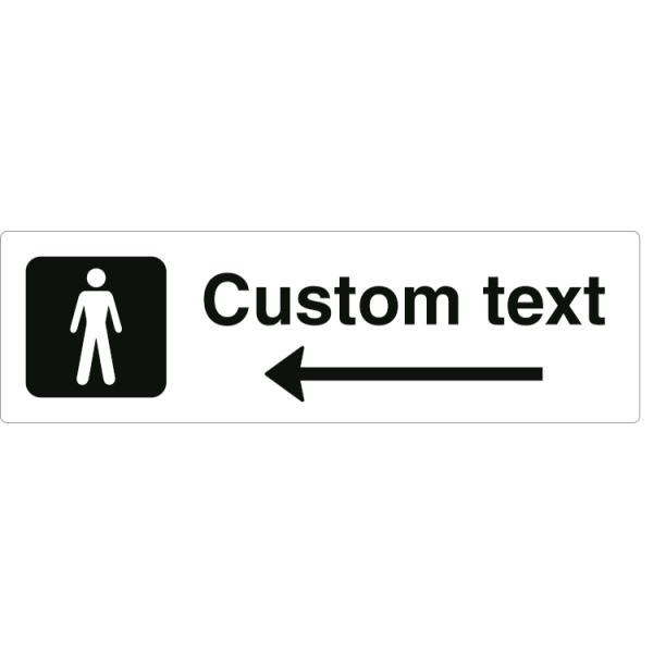 Herr-WC-skylt - vit hänvisningsskylt med vänsterpil och valfri text, 150 x 500 mm, 3 mm alu-sandwich