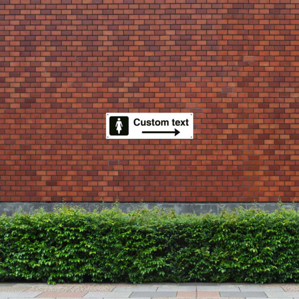 Dam-WC-skylt – vit hänvisningsskylt med högerpil och valfri text, 150 x 500 mm 3 mm alu-sandwich