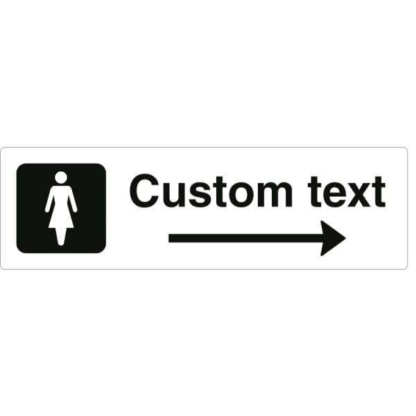 Dam-WC-skylt – vit hänvisningsskylt med högerpil och valfri text, 150 x 500 mm 3 mm alu-sandwich