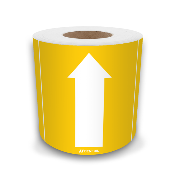 SIS rörmärke för oxiderande gaser och vätskor, gult med vit pil - självhäftande vinyl, rulle 100 m