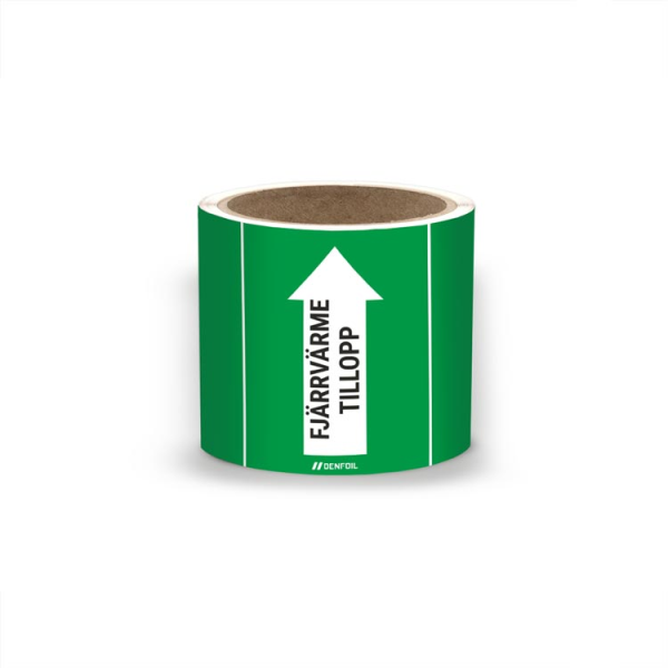 SIS Rörmärke med text "Fjärrvärme tillopp" - Grön, flera varianter