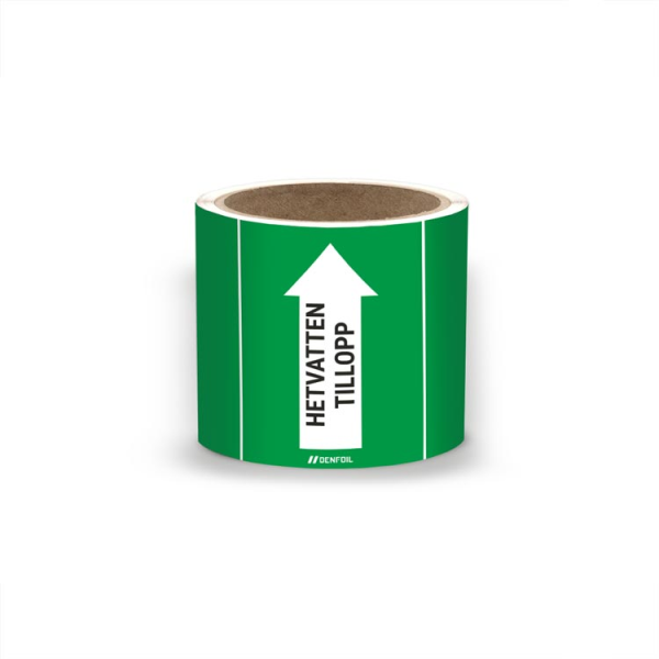 SIS Rörmärke med text "Hetvatten tillopp" - Grön, flera varianter