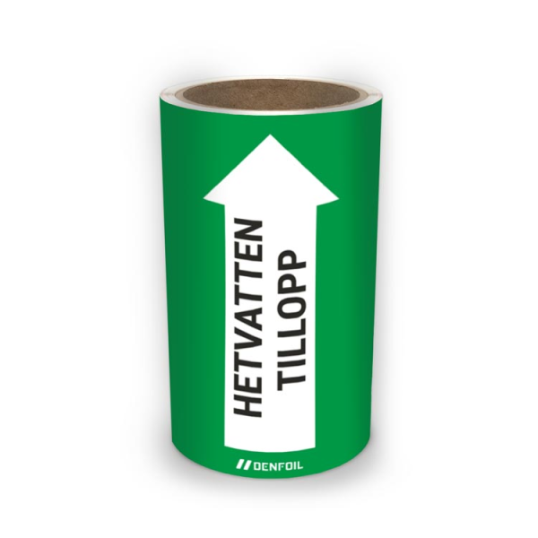 SIS Rörmärke med text "Hetvatten tillopp" - Grön, flera varianter