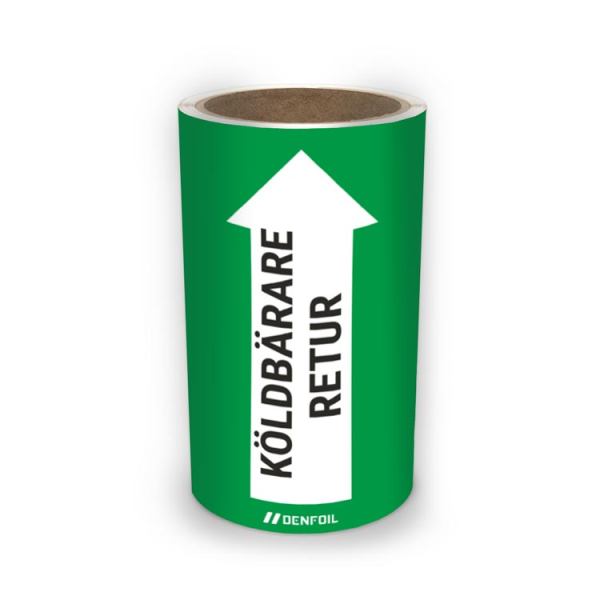 SIS Rörmärke med text "Köldbärare retur" - Grön, flera varianter