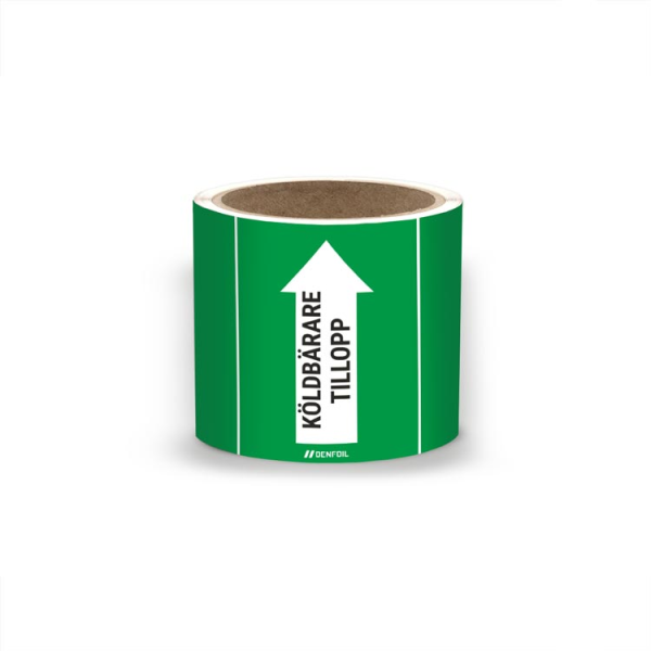 SIS Rörmärke med text "Köldbärare tillopp" - Grön, flera varianter