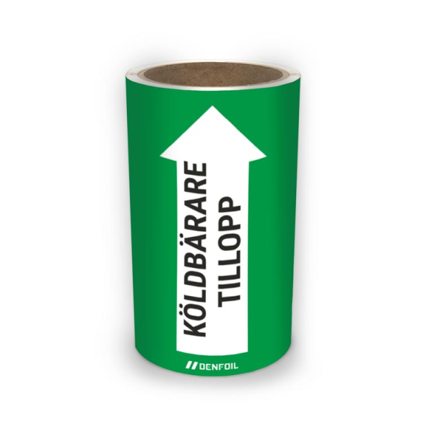 SIS Rörmärke med text "Köldbärare tillopp" - Grön, flera varianter