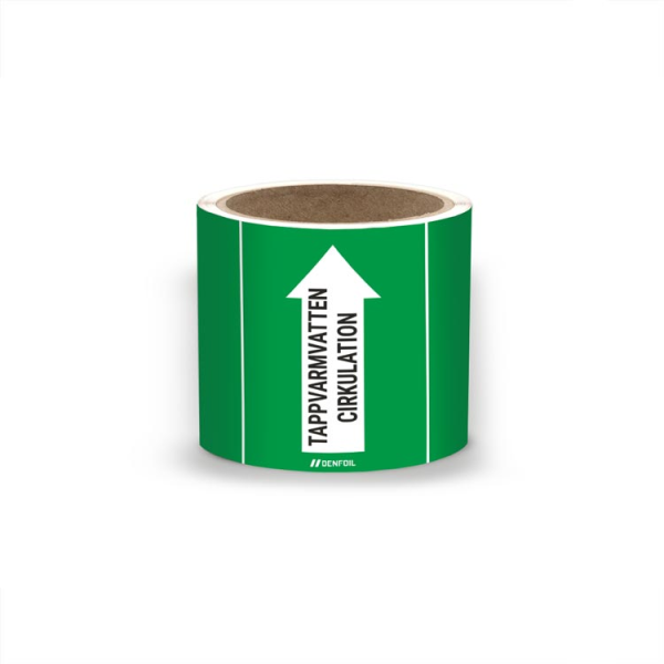 SIS Rörmärke med text "Tappvarmvatten cirkulation" - Grön, flera varianter