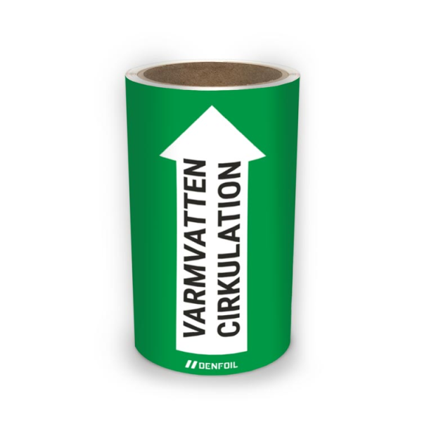SIS Rörmärke med text "Varmvatten cirkulation" - Grön, flera varianter