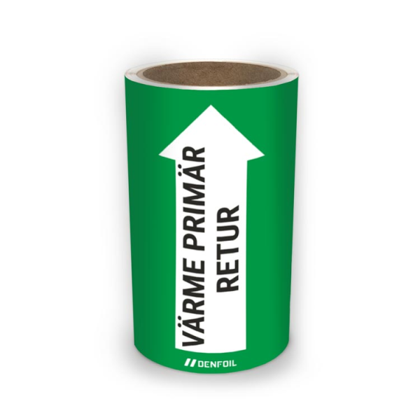 SIS Rörmärke med text "Värme primär retur" - Grön, flera varianter