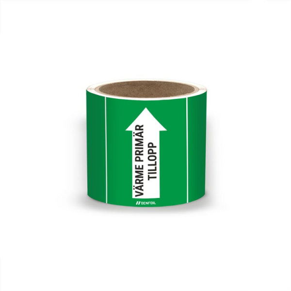 SIS Rörmärke med text "Värme primär tillopp" - Grön, flera varianter