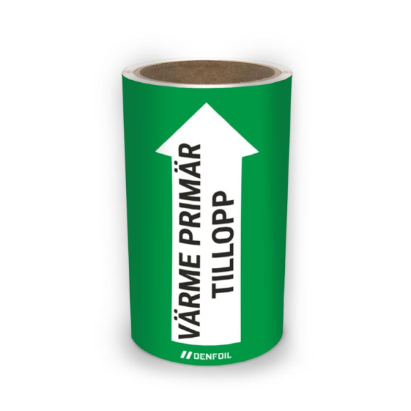 SIS Rörmärke med text "Värme primär tillopp" - Grön, flera varianter