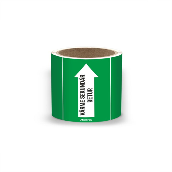 SIS Rörmärke med text "Värme sekundär retur" - Grön, flera varianter