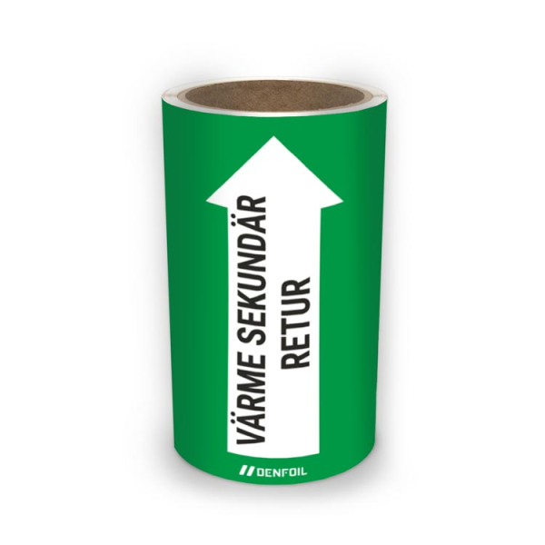 SIS Rörmärke med text "Värme sekundär retur" - Grön, flera varianter