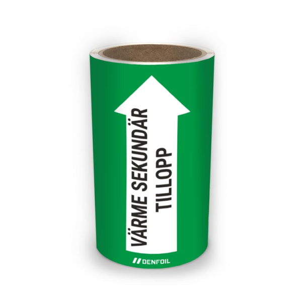 SIS Rörmärke med text "Värme sekundär tillopp" - Grön, flera varianter