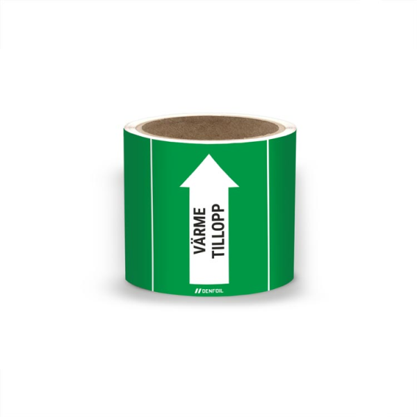 SIS Rörmärke med text "Värme tillopp" - Grön, flera varianter