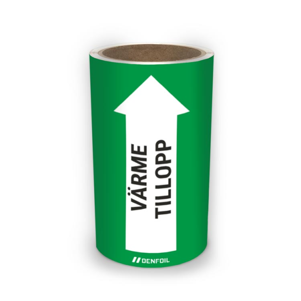 SIS Rörmärke med text "Värme tillopp" - Grön, flera varianter
