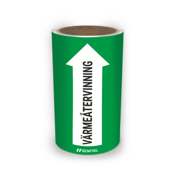 SIS Rörmärke med text "Värmeåtervinning" - Grön, flera varianter