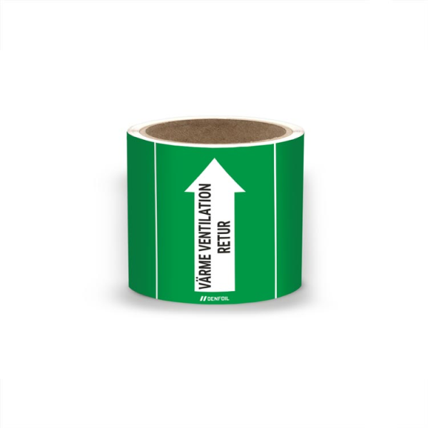 SIS Rörmärke med text "Värme ventilation retur" - Grön, flera varianter