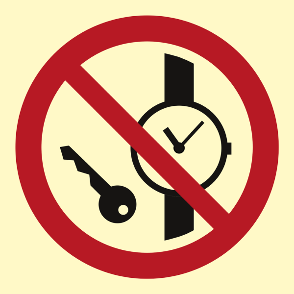 No metallic articles or watches - IMO Prohibition sign