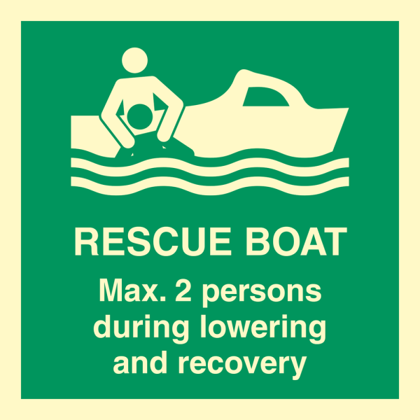 IMO sign - Rescue boat Max 2 persons during lowering and recovery 