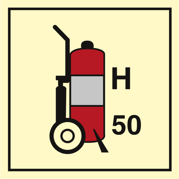 Wheeled fire extinguisher Halon 50 - IMO Fire Control sign
