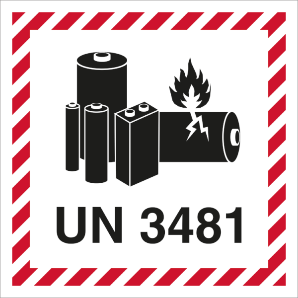 UN 3481 Etikett för litiumbatterier, självhäftande vinyl - rulle med 250 st.