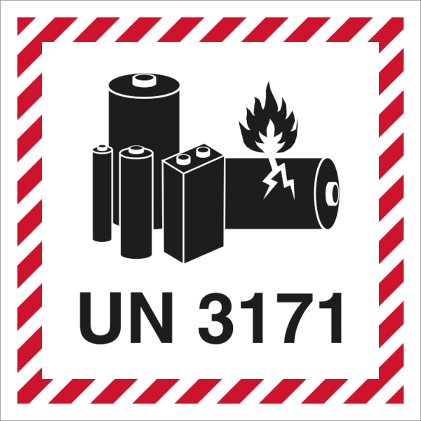 UN 3171 Etikett för litiumbatterier, självhäftande vinyl - rulle med 250 st.