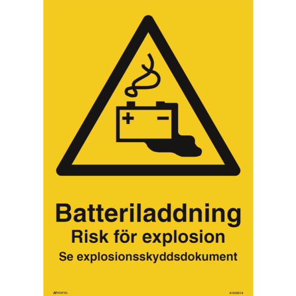 Batteriladdning – Risk för explosion. Se explosionsskyddsdokument - Varningsskylt ISO 7010 W026