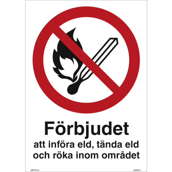 Förbjudet att införa eld, tända eld och röka inom området - Förbudsskylt ISO 7010 P003