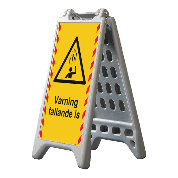 Fristående utomhusskylt Varning fallande is – reflekterande plast 750 x 410 mm
